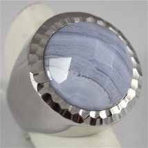 925 Rhodium Silver Ring With Blue Striped Agate - $68.11