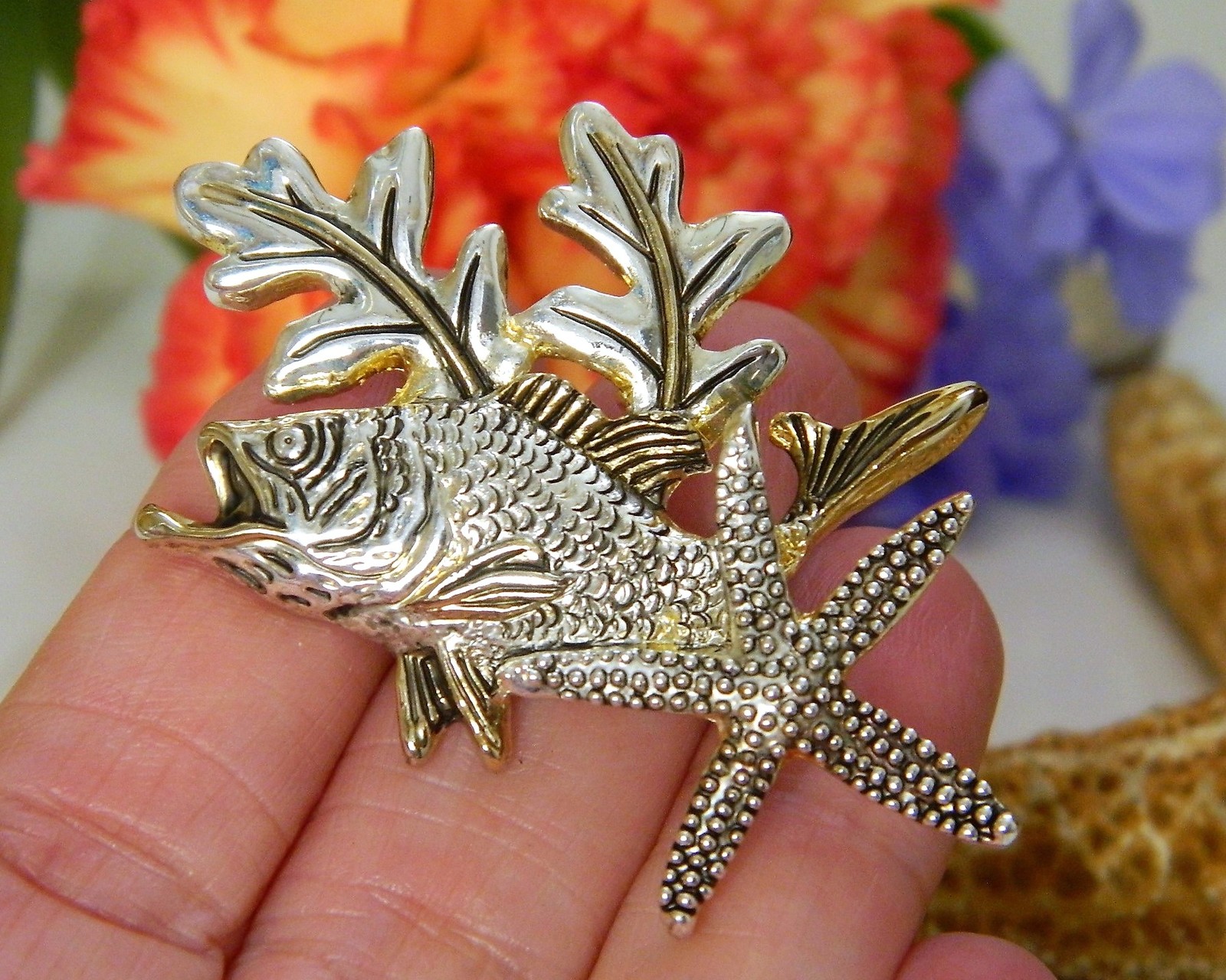 Grouper Bass Fish Pendant Brooch Pin Tropical Starfish Signed MJ Pins