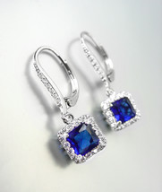 18kt White Gold Plated Sapphire Blue Baguette Crystal Petite LeverBack Earrings - $29.99