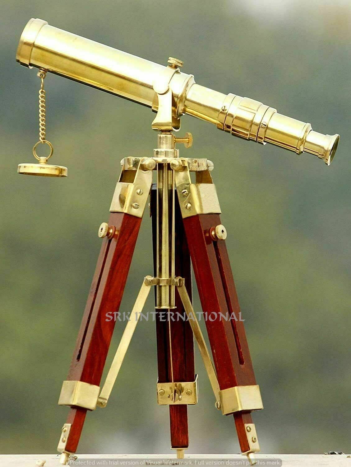Brass Telescope with Wooden Tripod Stand Portable Home Decorative Item