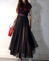Black Long Pleated Skirt Outfit Black High Waisted Slit Pleated Tulle Skirt Plus image 3