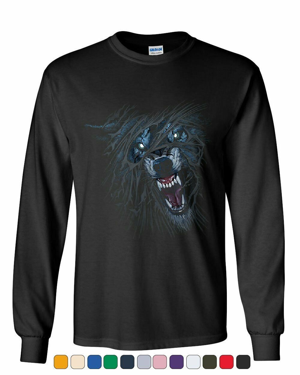 Fierce Growling Wolf Long Sleeve T-Shirt Wilderness Wild Animal Lone ...