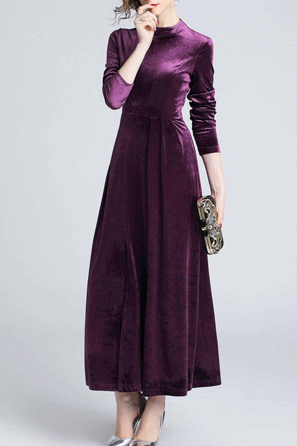 Wome High Neck Long Sleeve Solid Evening Dress - Dresses