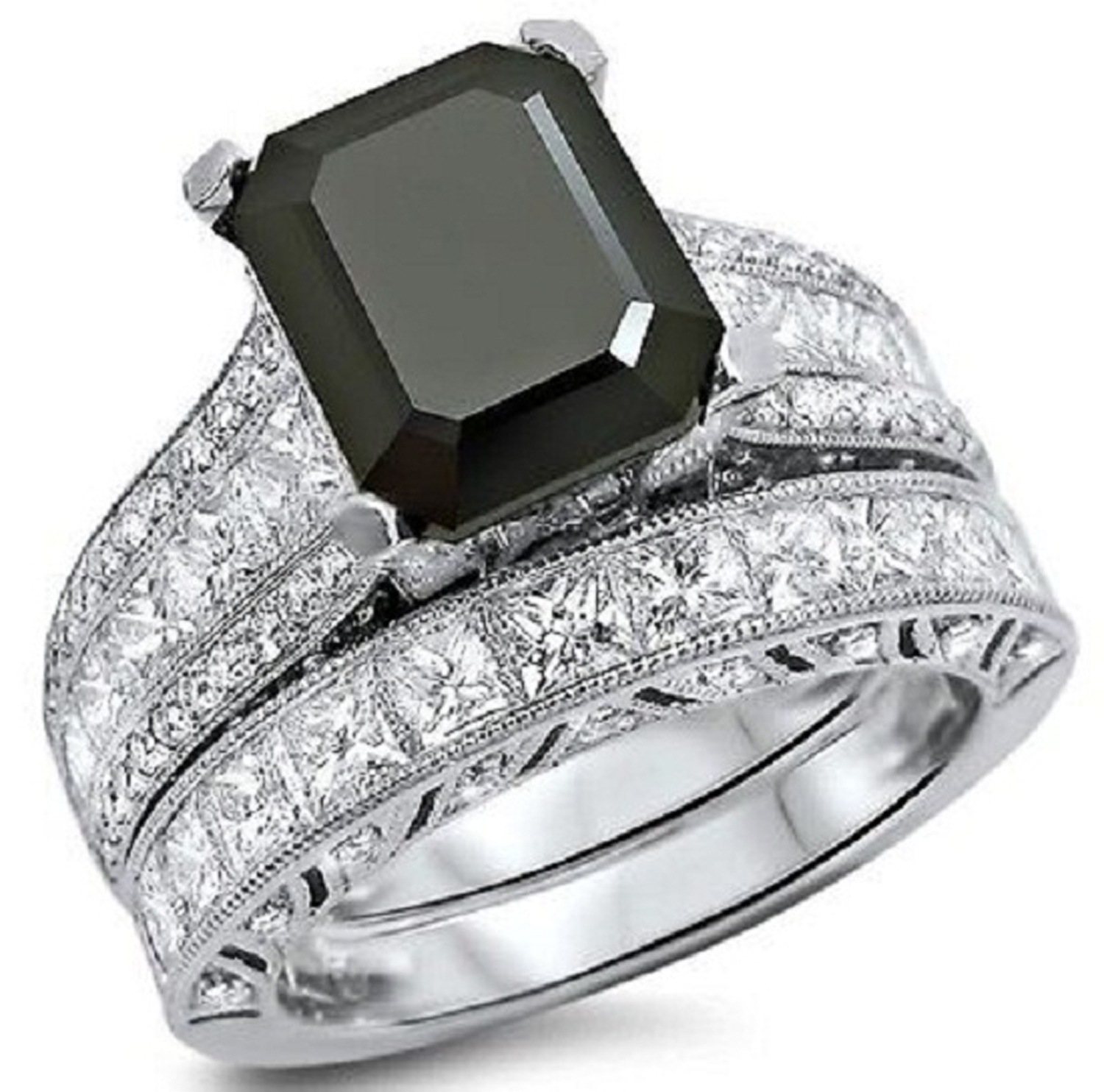 5.50 Ct Emerald Cut Black Diamond 14K White Gold Fn Engagement Ring ...