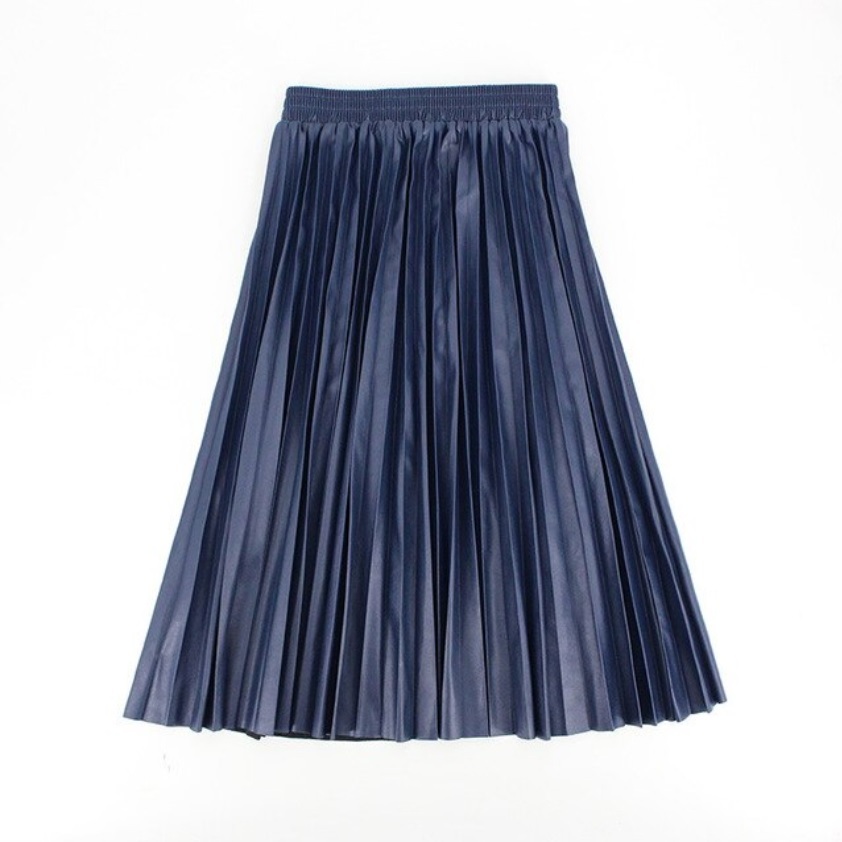 New navy blue faux leather pleated midi length women skirt - Skirts