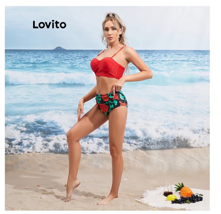 Lovito Comfortable Floral Print Backless Bikini Sets L10030 (Red)