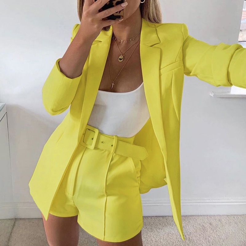 New yellow 2 piece suit set long sleeve women blazer high waist shorts ...