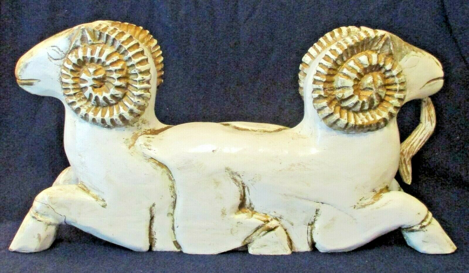 Primary image for Antique Double Headed Male & Female Rams Carved Wood Sculpture Distressed White