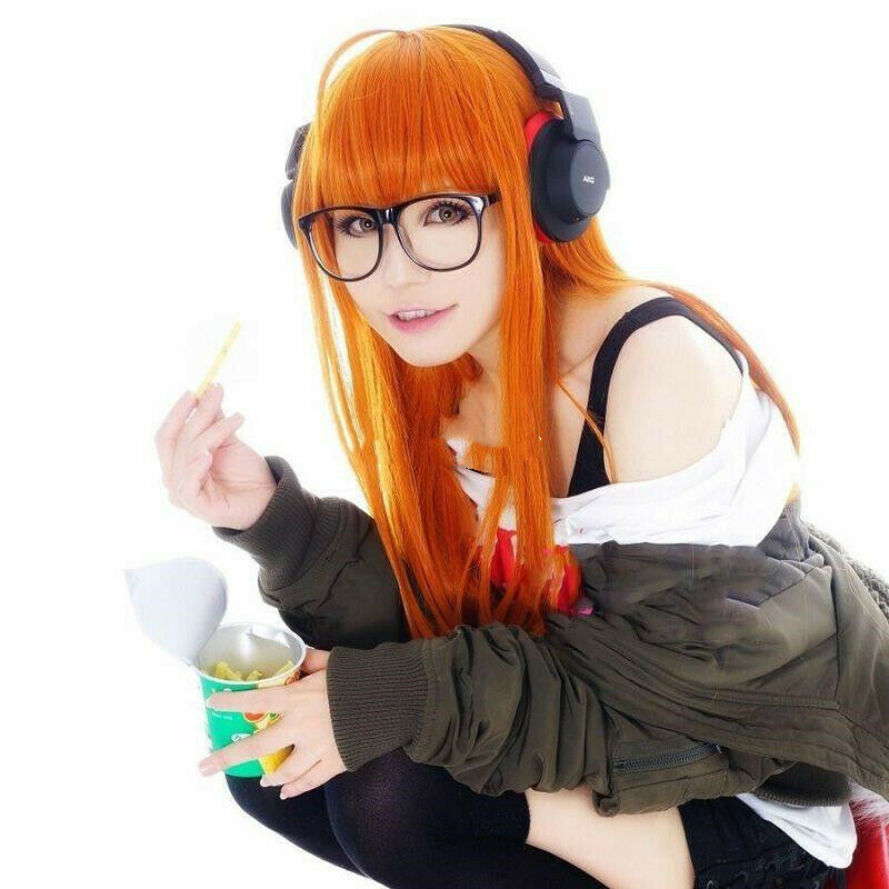 Anime Persona5 Futaba Sakura Orange Red Wig With Hairnet Cosplay