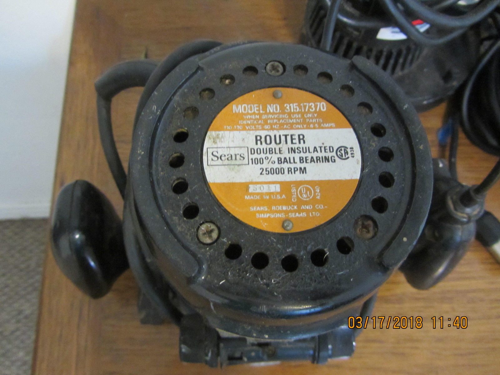 Sears Craftsman Commercial Router Model No. 315.17380 100 Ball Bearing USA Routers
