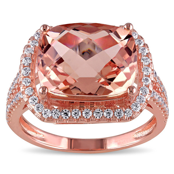 14K Rose Gold Over Silver Cushion Cut Morganite & Diamond Engagement Halo Ring