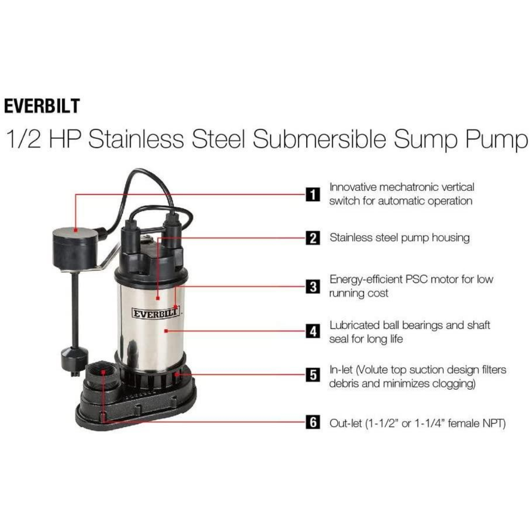 Everbilt SP05002VD 1/2 HP Submersible Sump Pump 1000 026 682 Stainless Everbilt 1/2 Hp Stainless Steel Sump Pump