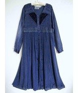 Vintage M.P.H. Boho Dress L Rayon Crinkle Gauze Indigo Denim Blue Peasan... - $39.99