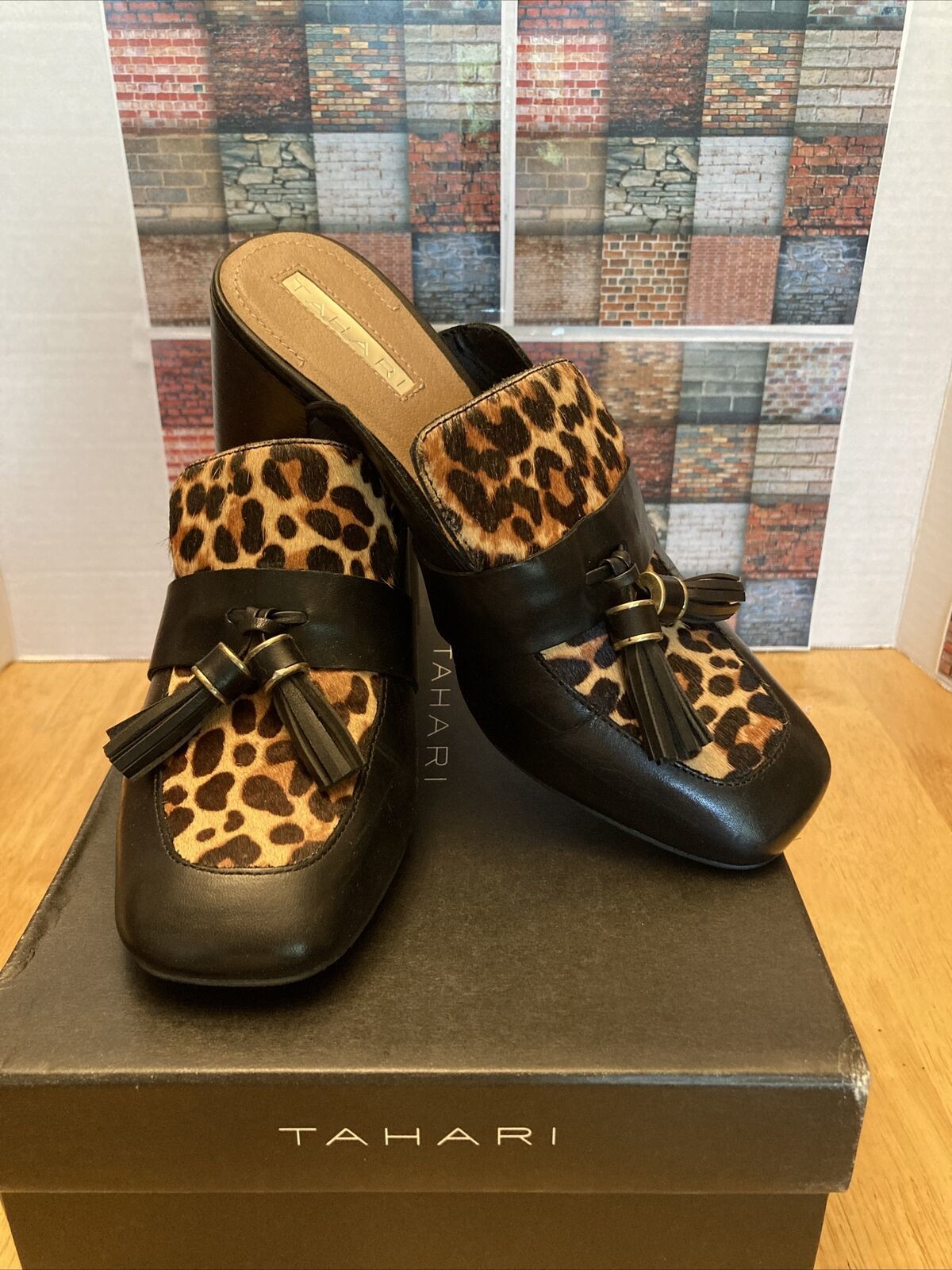 New Tahari Porter Women’s Black Leopard Leather Heel Mules Sz 6 - $65.00