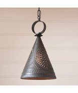 &quot;MADISON&quot; PENDANT - Kettle Black Punched Tin Witch&#39;s Hat Cone Down Light... - $90.45