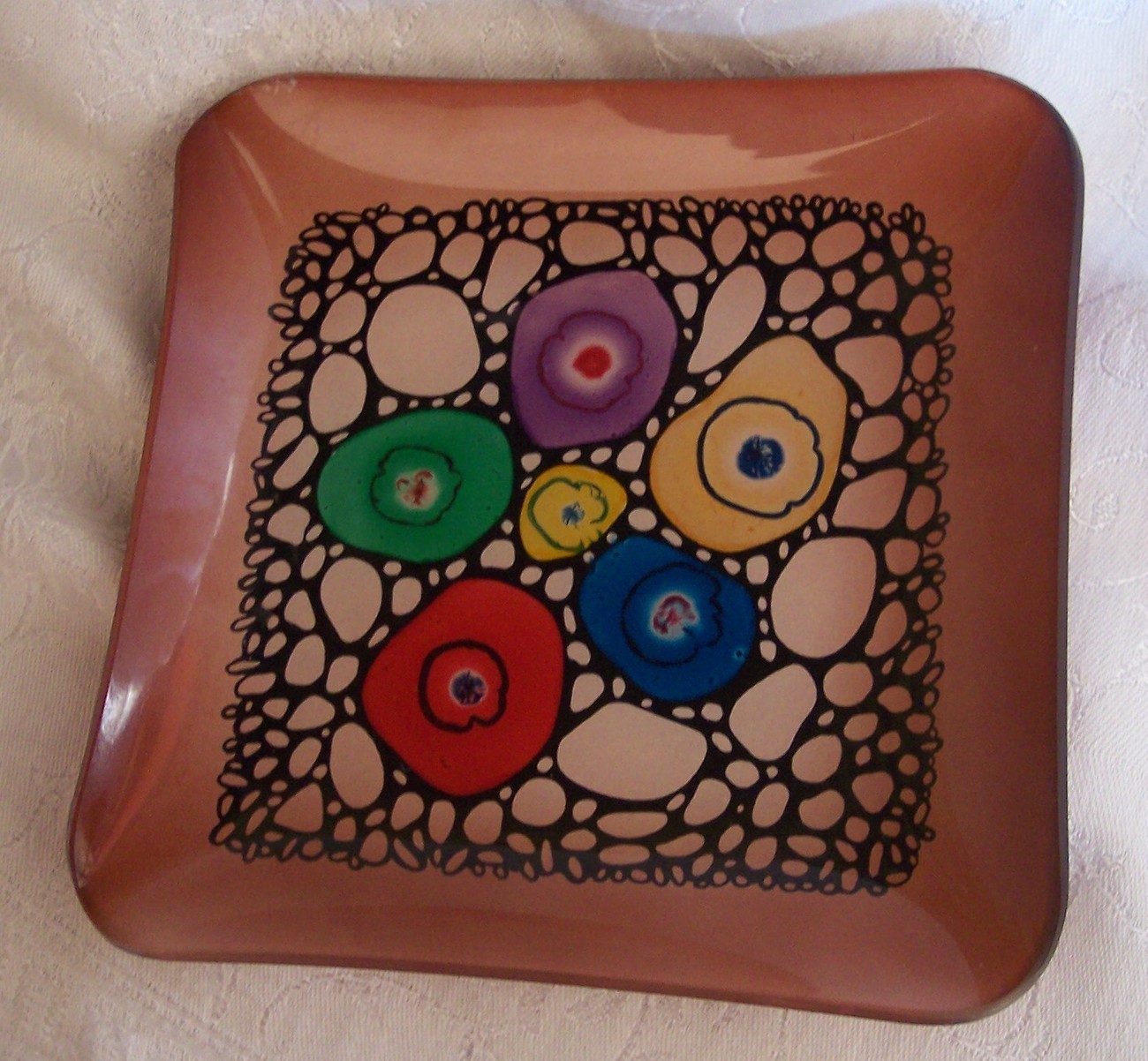 Fused Reverse Painted Bubbles Art Glass Plate Dish Modern Contemporary Abstract Studio
