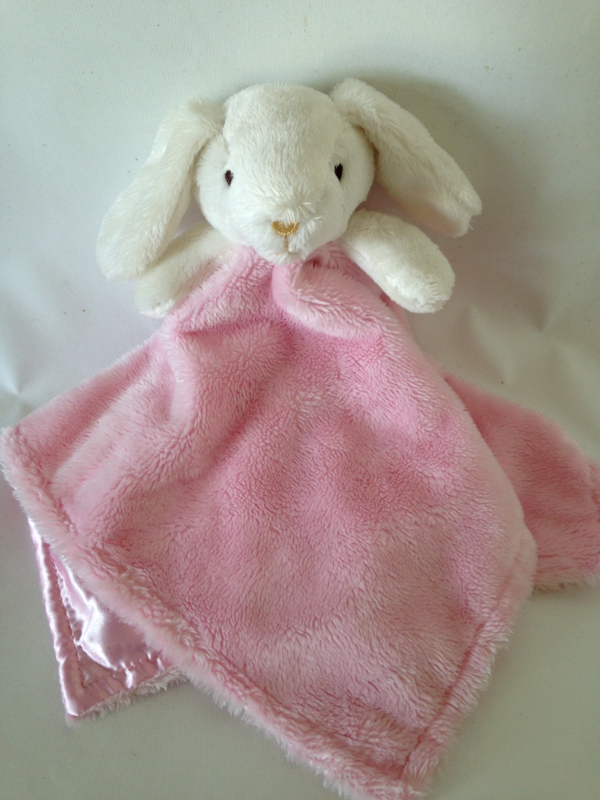 Pink Baby Blanket White Bunny Rabbit Satin Plush Security Sewn Eyes