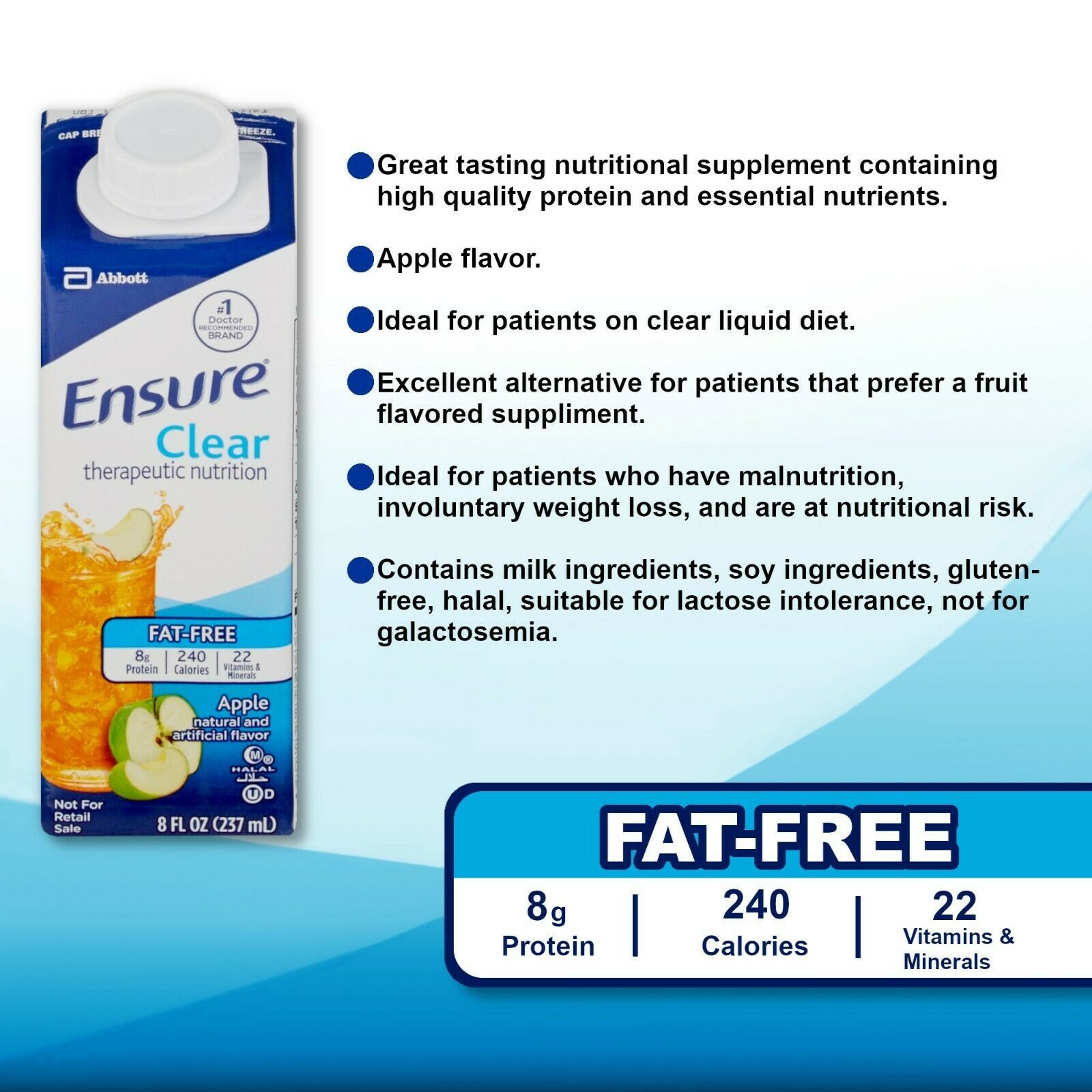 6 Pack Ensure Clear Apple Flavor Oral Supplement 8 oz Ready To Use