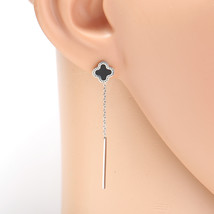 Silver Tone Drop Earrings with Jet Black Faux Onyx Clover and Tassel - $24.99