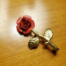 Vintage Red Rose Brooch, Gold Tone Metal Flower Lapel Pin, Floral Jewelry