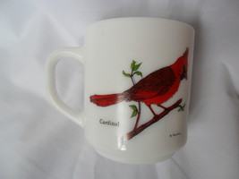 Vintage Milk Glass Coffee/Tea Cup-Mug France with Birds Cardinal, Blue Jay  - $11.90