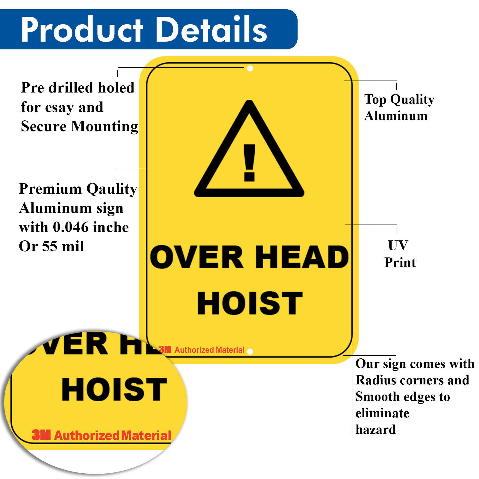 Over Head Hoist Warning Sign, Metal Aluminium Hazardous Safety UV Print Sign Plaques & Signs