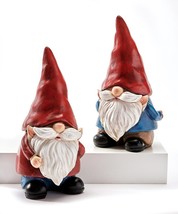 Garden Gnome Statue Set of 2 Red Hats White Beard 8.5" High Poly Stone