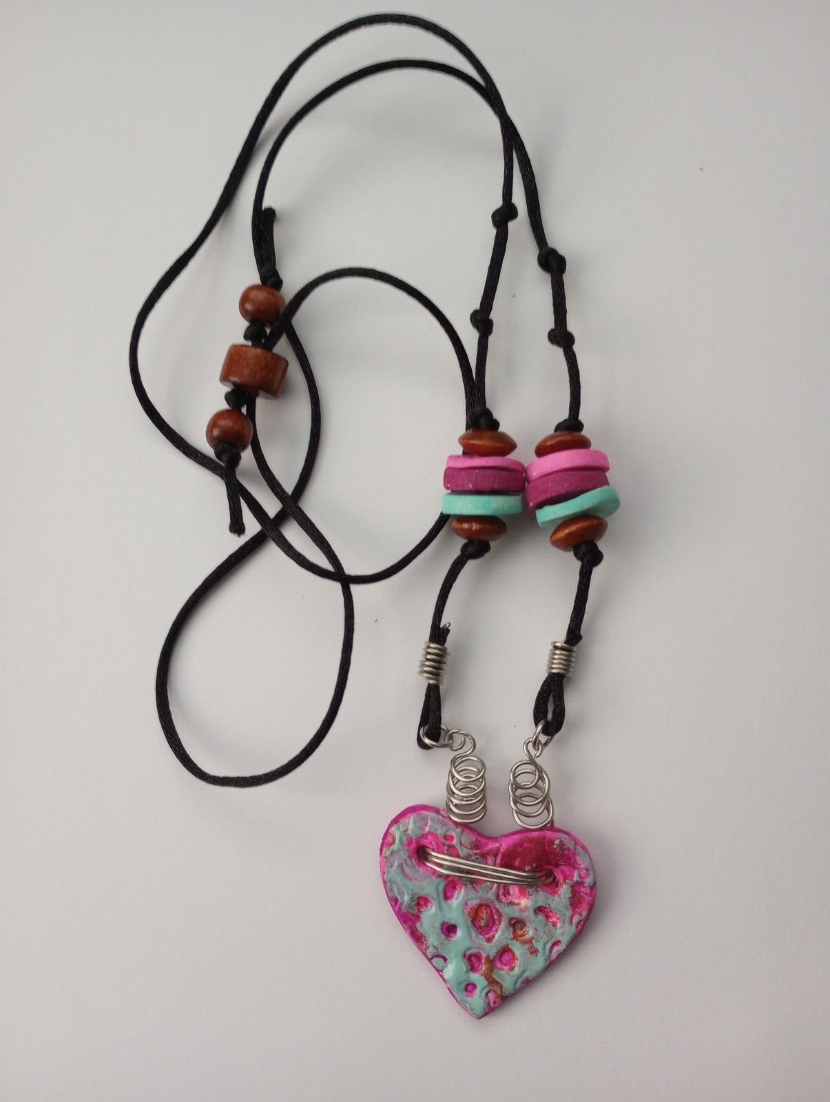 Handmade Clay Pastel Green Pink Heart Pendant Necklace Tribal Ethnic - $14.03