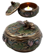 Buddha Zen Frog Sitting On Lily Pad Decorative Trinket Jewelry Box Candl... - $25.99
