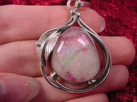 (#D-211) Dichroic Fused Glass Silver Pendant White Pink Green Shimmer Sparkle - $77.59