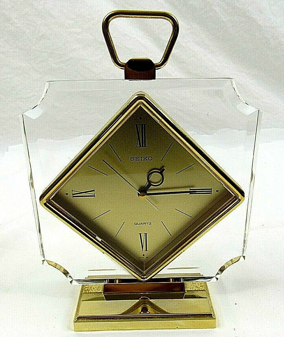 Seiko Quartz Alarm Clock Mantel Desk Table Gold Tone Acrylic Diamond