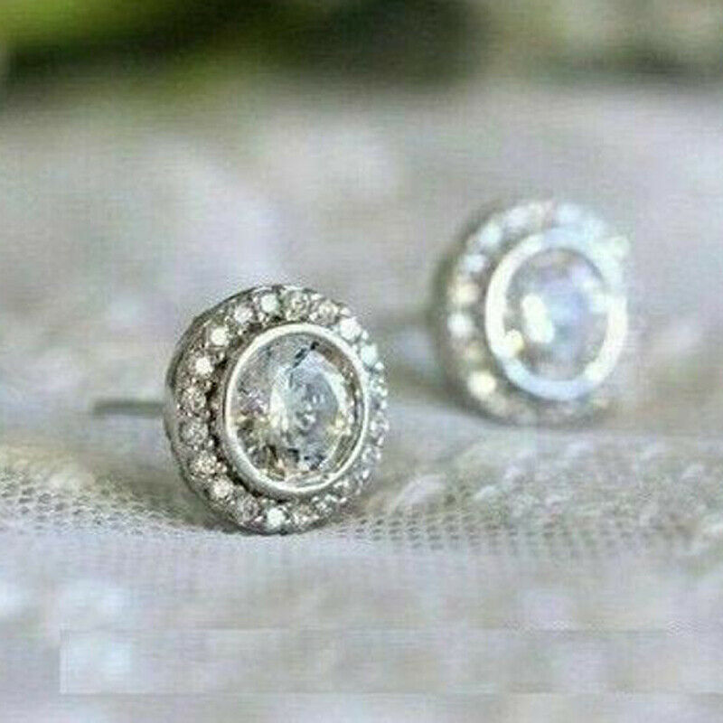 2.50Ct Round Cut Moissanite Halo Stud Earrings Solid 14K White Gold Finish 
