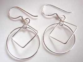 Circle & Square Silver Dangle Earrings That Hang at Right Angles to Each Other - $8.09