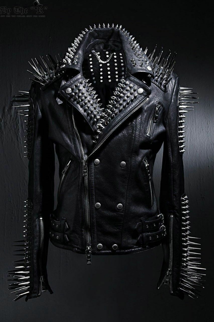 Men Steam Punk Style Black Long Spikes Studded Genuine Leather Jacket Studded