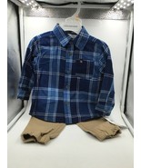 CALVIN KLEIN Shirt &amp; Pants Lot Plaid Khaki.12M Infant Outfit. NEW - $22.27