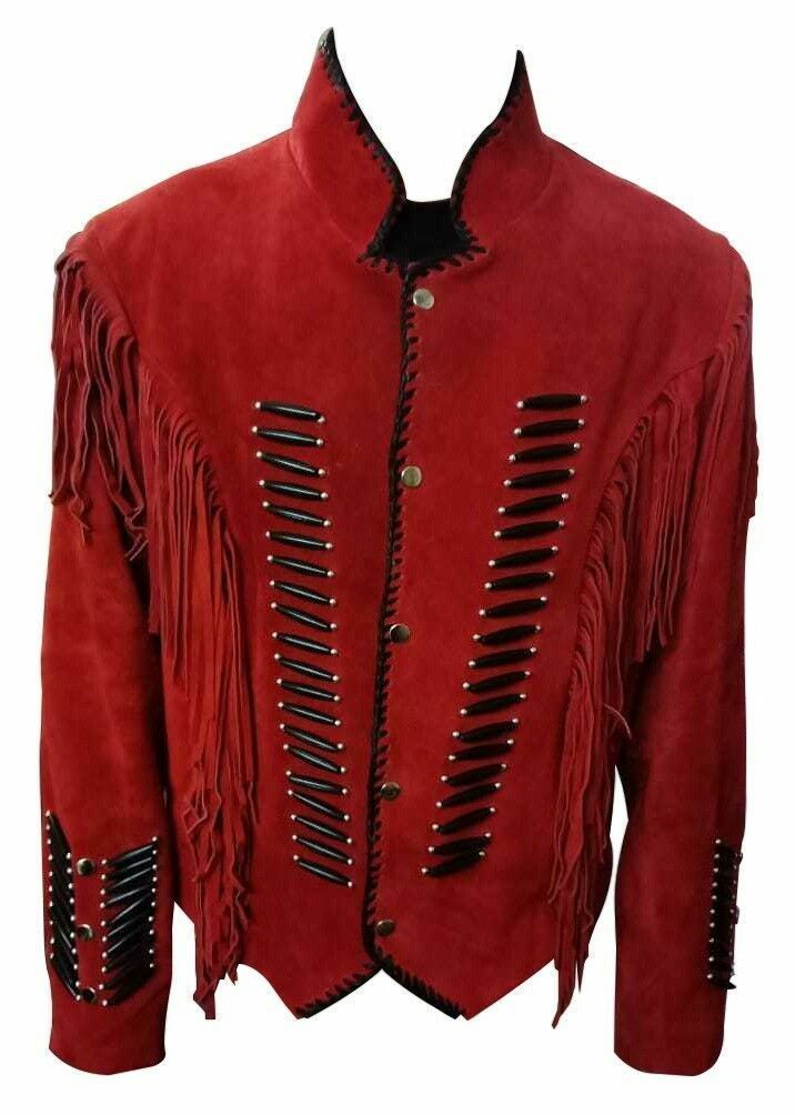 Men's Red Color Western Style Suede Vintage Leather Bone Fringed Handmade Jacket