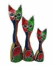 Balinese Wood Handicrafts Abstract Colorful Feline Cat Family Set of 3 F... - $20.99