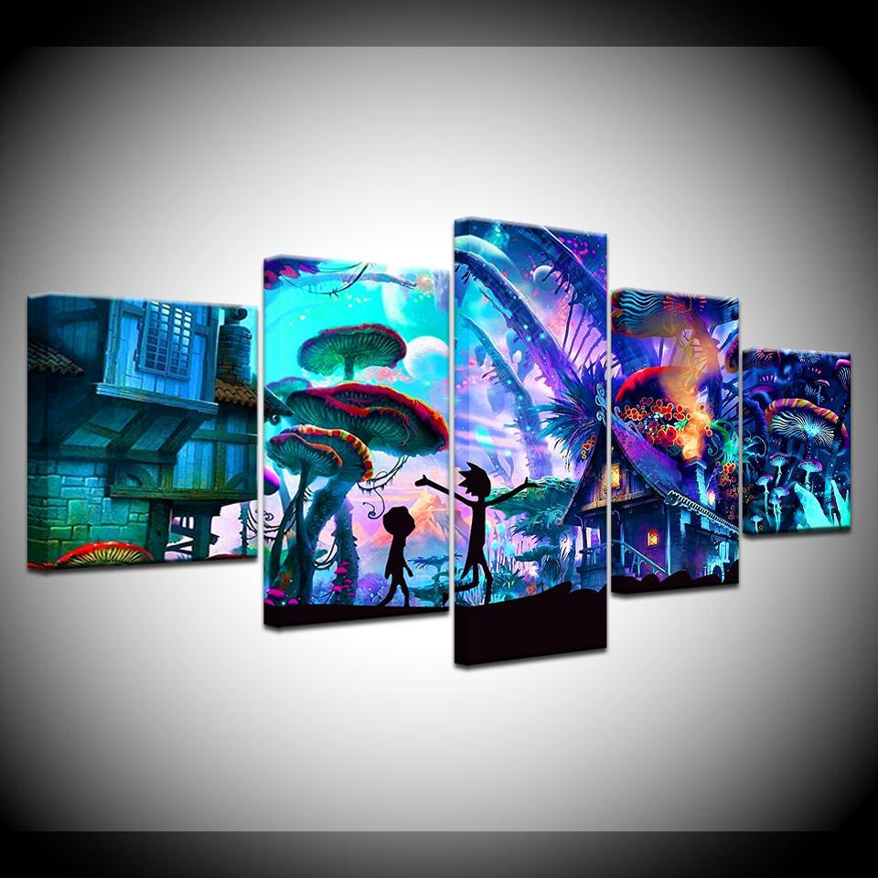 5piece Poster Canvas Mushroom World Rick and Morty Canvas Set wall