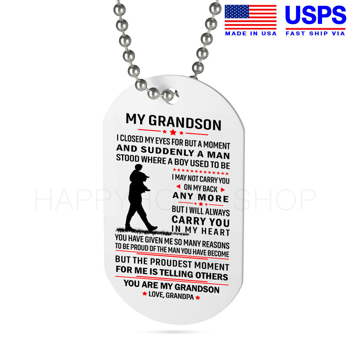 Dog Tag Birthday Gift for Grandson and Grandpa Always Carry You in My Heart-D316