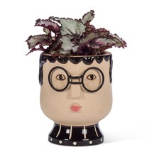 Large Intellectual Face Planter with Metal Glasses 7" high Stoneware Beige Black image 2