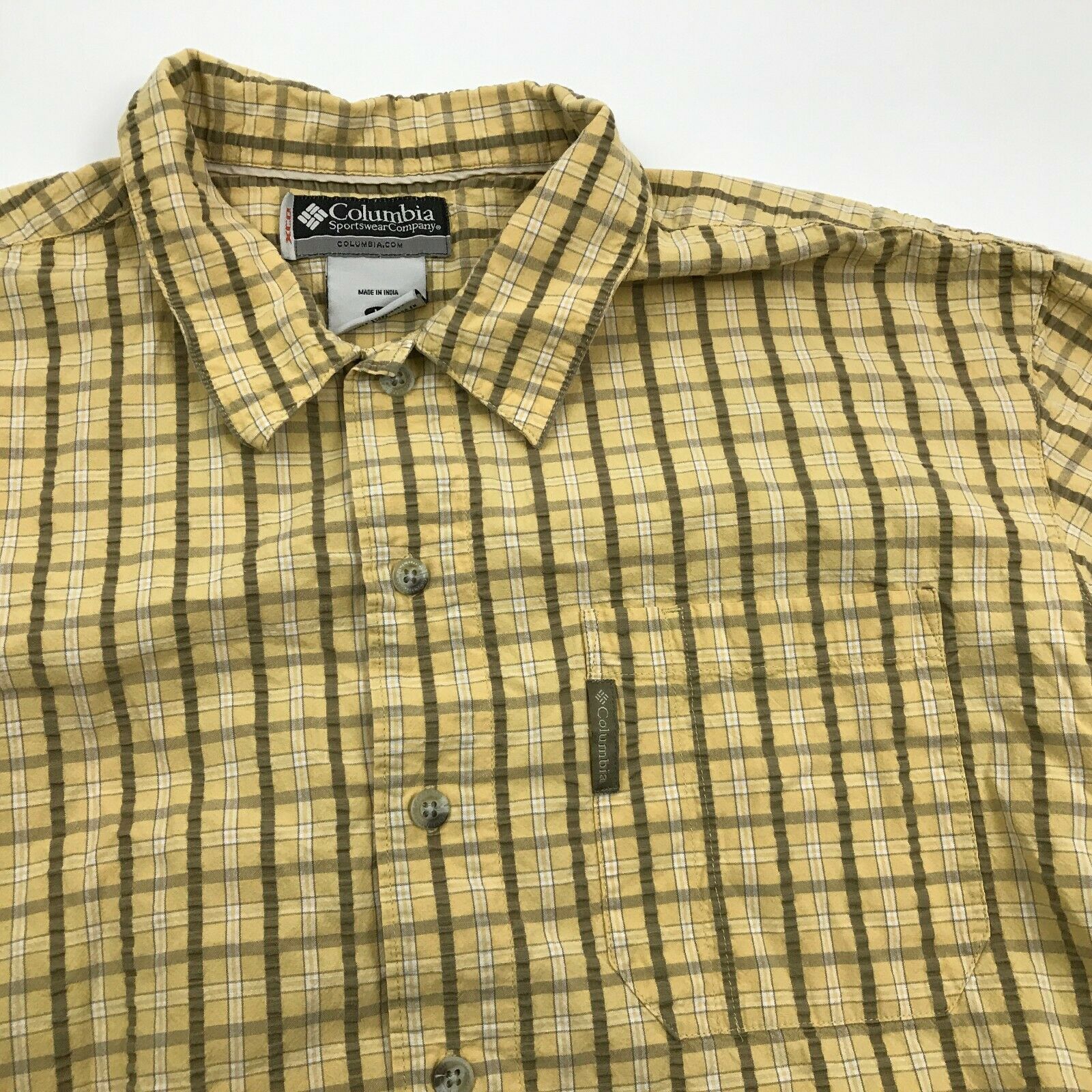 Columbia XCO Button Up Shirt Men's M Medium Yellow Short Sleeve Pocket