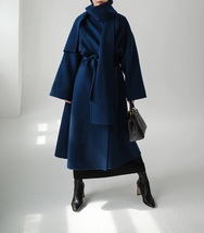 New navy blue woolen long sleeve single breasted wool women coat with belt - $159.00