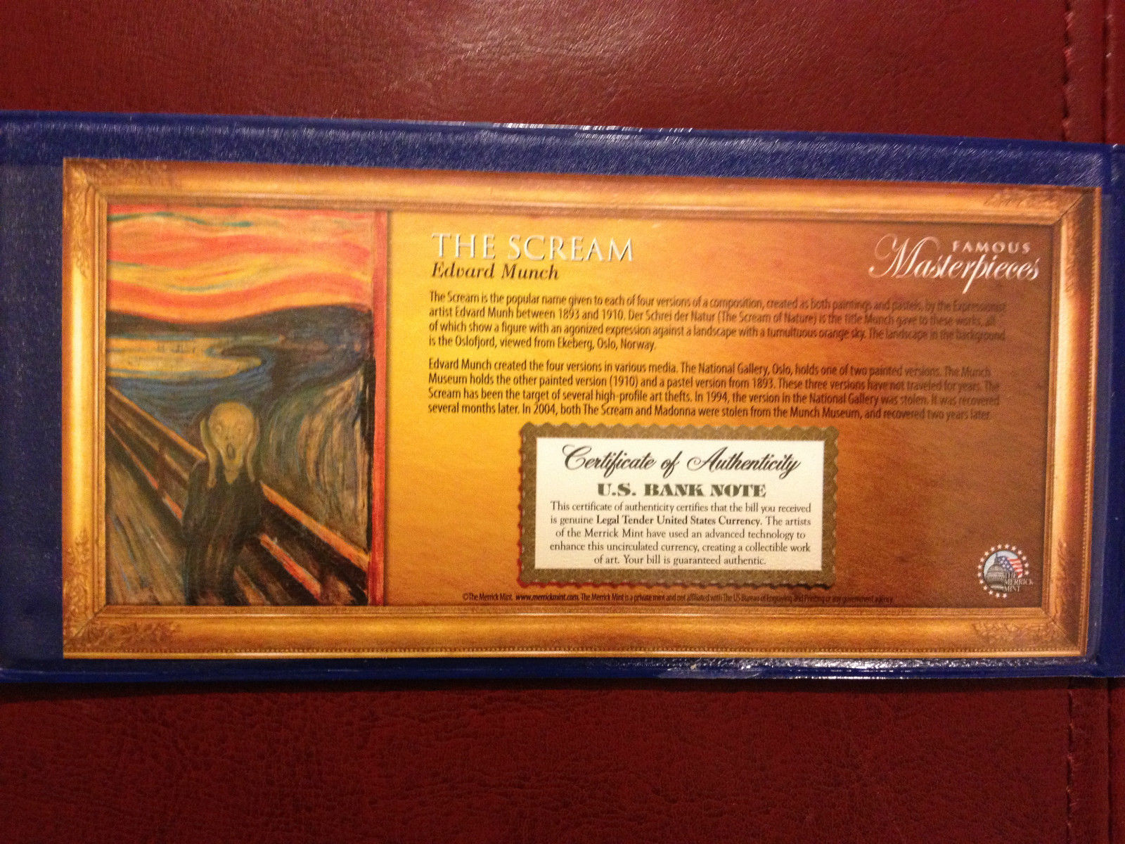THE SCREAM Edward Munch 1893 *Famous Masterpieces* Legal Tender $2 U.S Bill