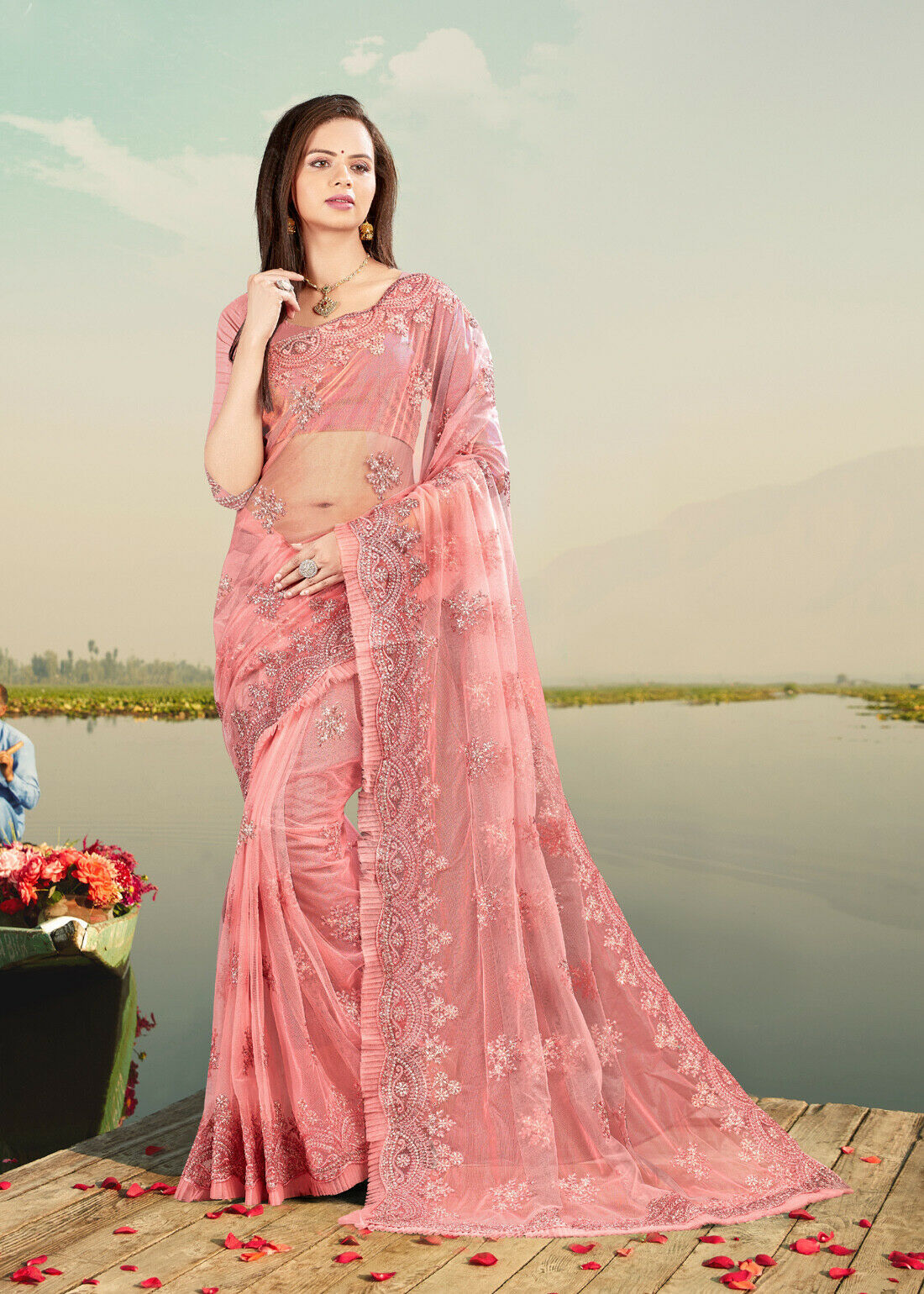 Designer Pink Resham Coding Silver Zari Embroidery Sari Net Wedding Wear Saree