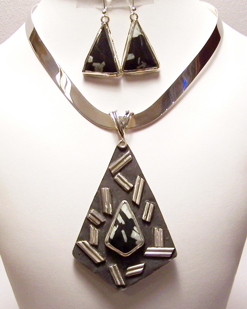 Chinese Writing Stone Sterling Silver Pendant Earrings Set MADE IN USA OOAK Gemstone