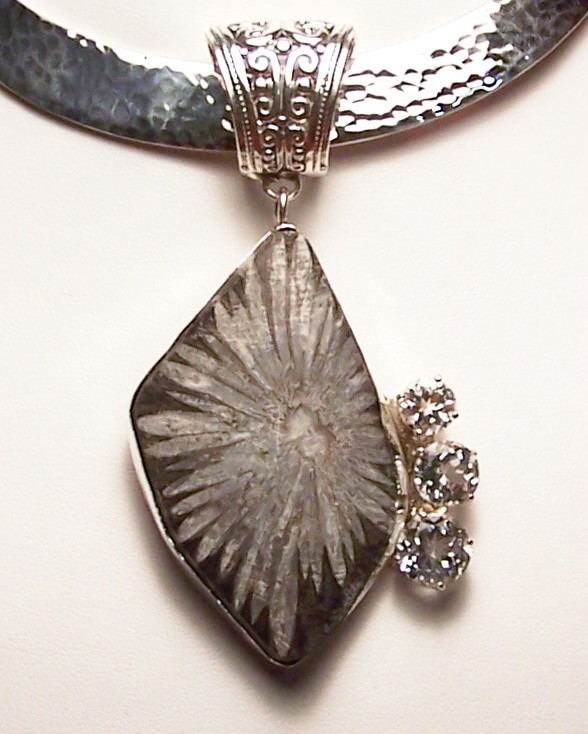 Chrysanthemum Stone White Topaz Sterling Silver Pendant MADE IN USA