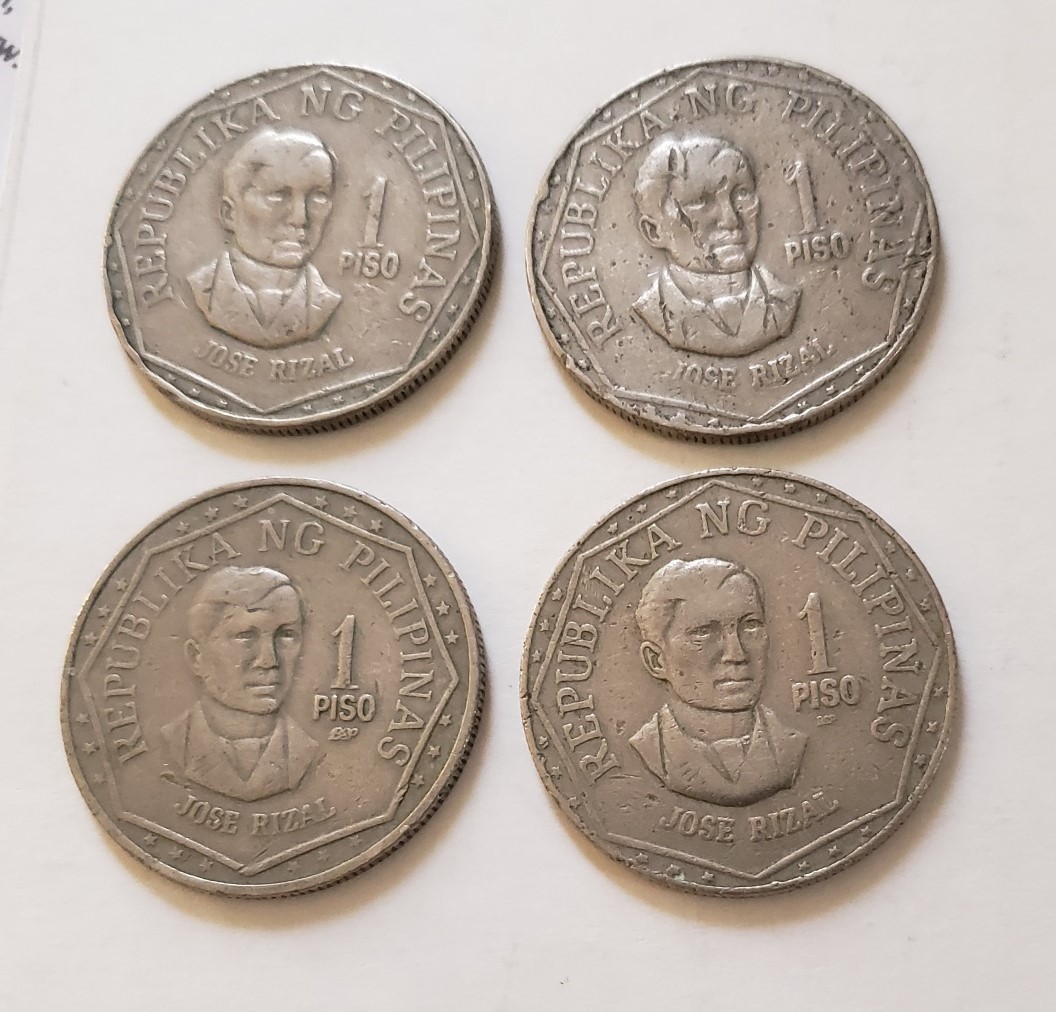 Lot of Four Philippine 1 Piso Coins Jose Rizal / Ang Bagong Lipunan ...