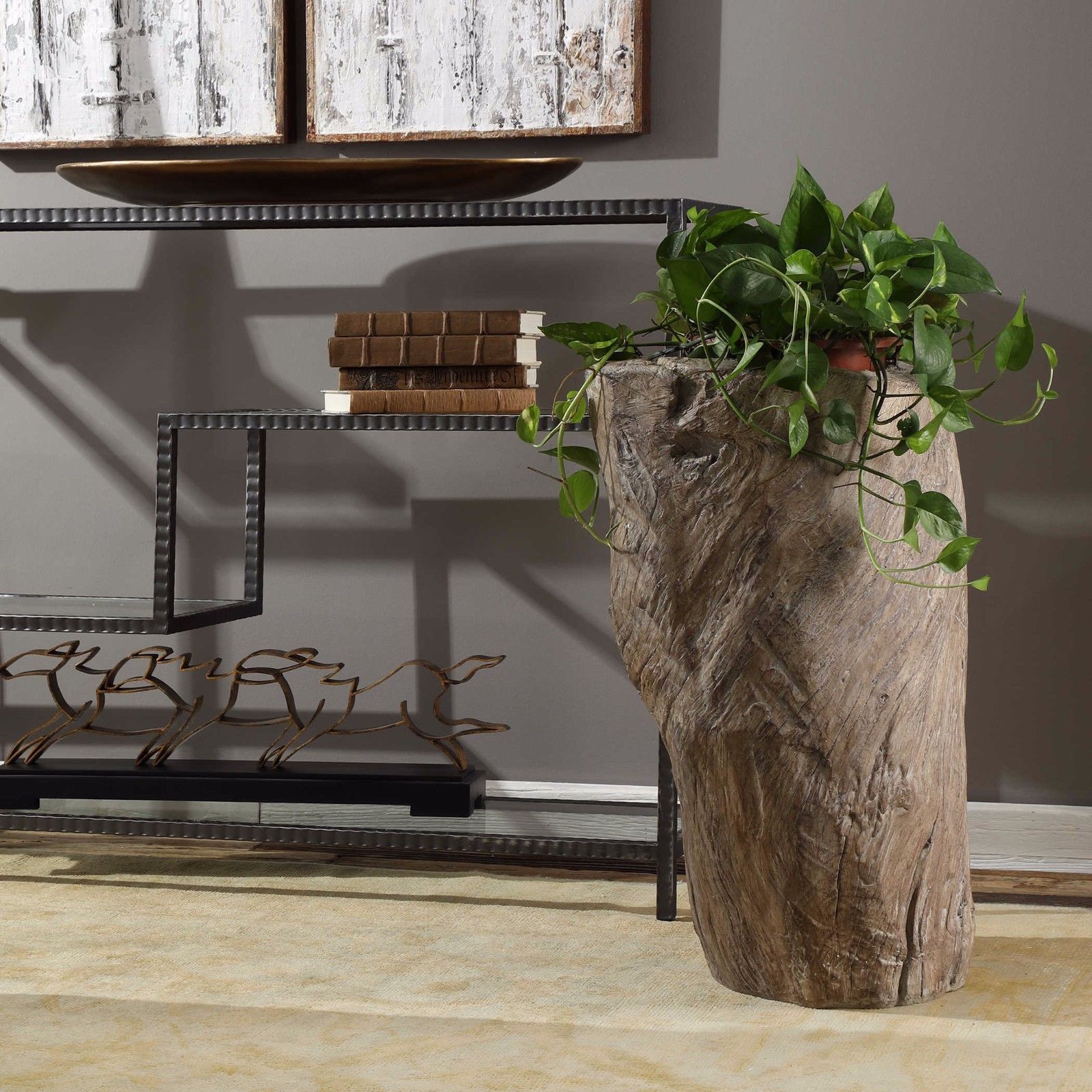 NEW RUSTIC 27" RESIN CAST TREE STUMP WOOD FINISH DISPLAY PEDESTAL PLANT