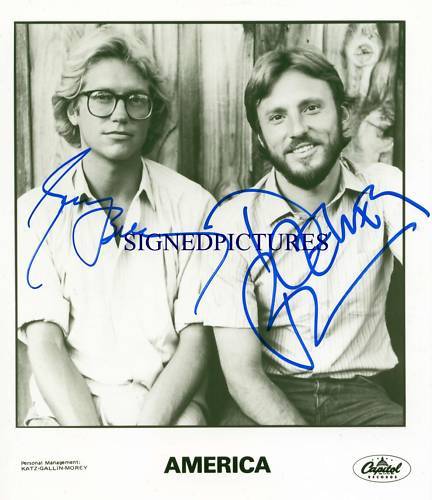 AMERICA BAND SIGNED AUTOGRAPH 8X10 RP DEWEY BUNNELL AND GERRY BECKLEY HORSE W NO