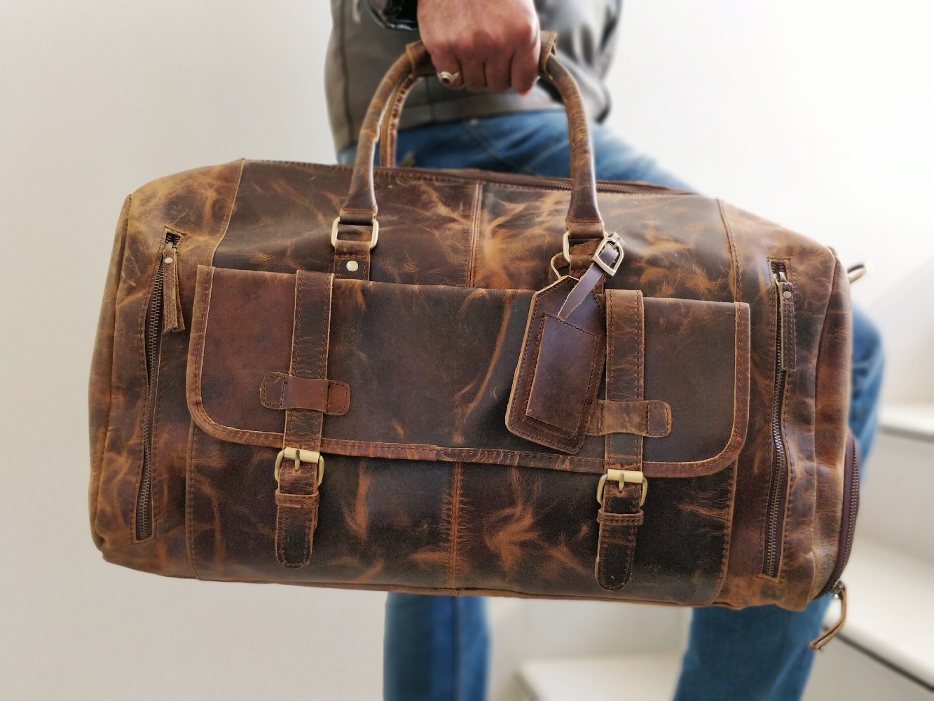 Handmade Distressed Leather Duffle Bag Large Travel Bag Mens Weekender ...